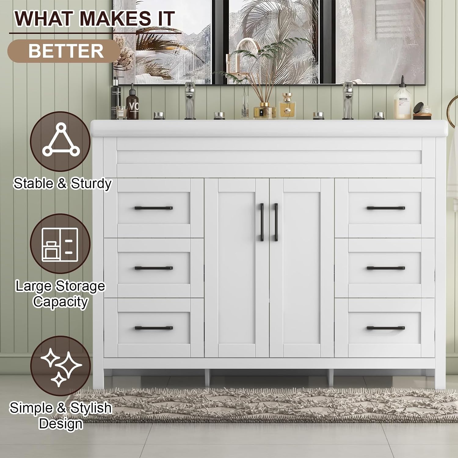Bathroom Vanity with Double Sink, 48 inch Modern Bathroom Storage Cabinet with Undermount Ceramic Sink, Soft Closing Doors and 6 Drawers, White