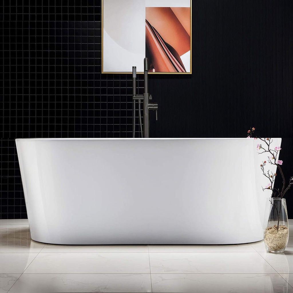 WOODBRIDGE 59' Acrylic Freestanding Bathtub Contemporary Soaking White Tub with Oil Rubbed Bronze Overflow and Drain，B0012 -ORB-Drain &O