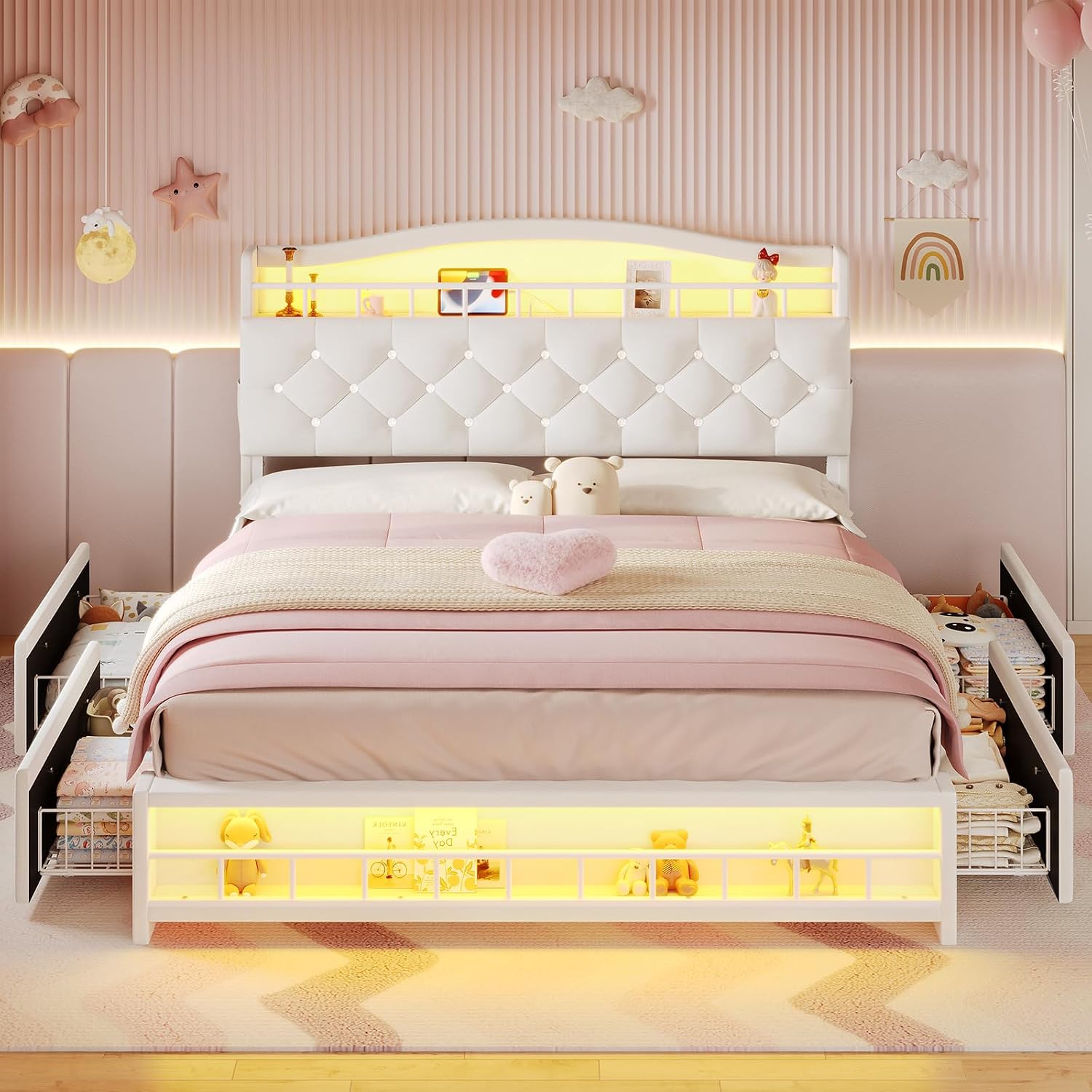 BTHFST Full Bed Frame with Storage Headboard & 4 Drawers, Girl Upholstered Storage Bed with LED Lights & Charging Station, No Box Spring Needed, Easy Assembly, Beige