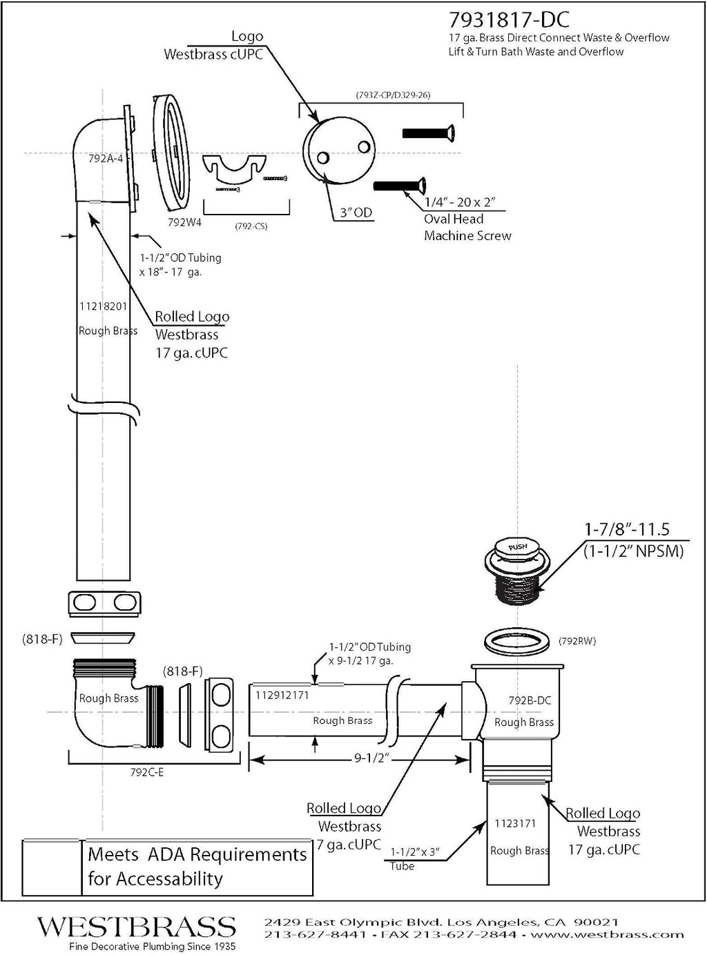 Westbrass 7931817-DC-12 22' Direct Connect 17 Gauge Brass Waste and Overflow with Tip-Toe Drain Trim, Oil Rubbed Bronze
