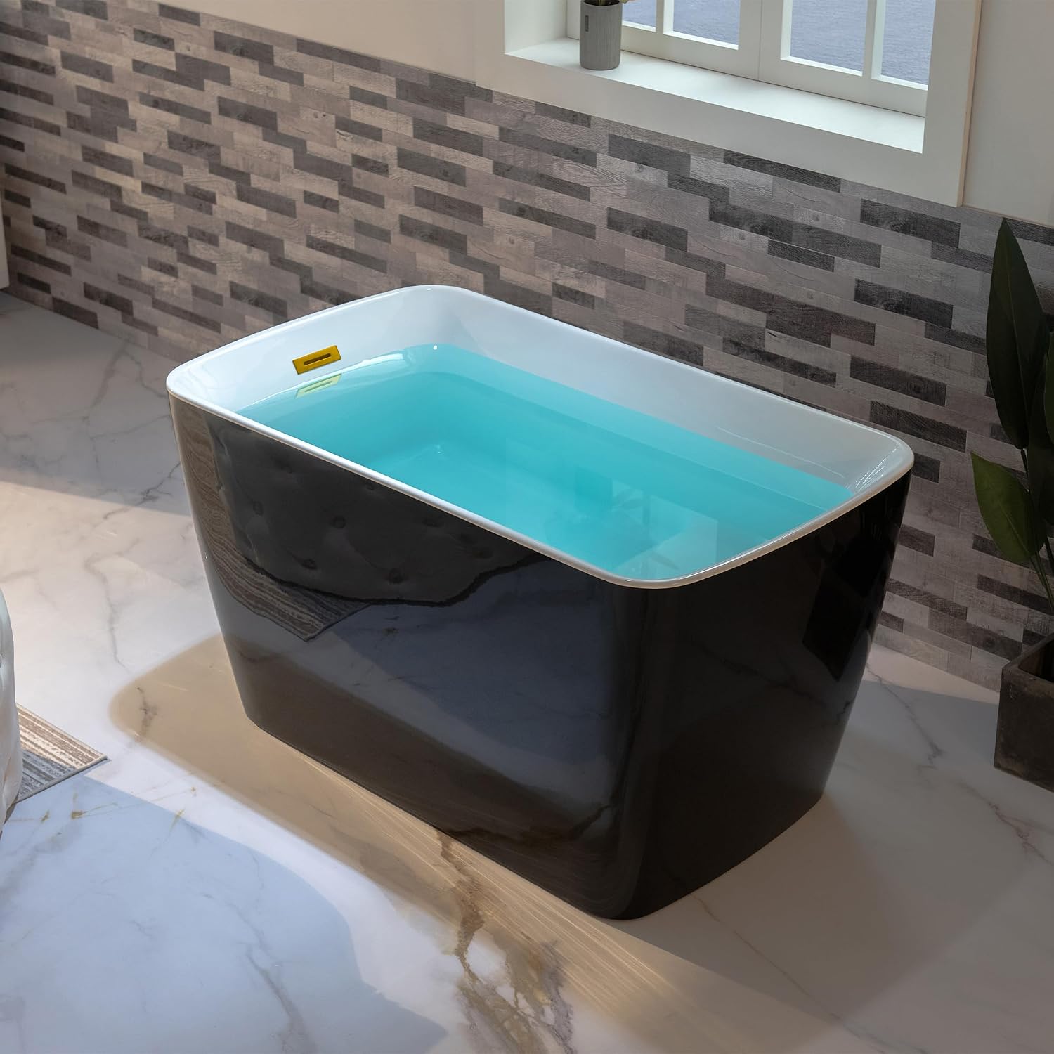 WOODBRIDGE 48' Acrylic Freestanding Square Shape Janpanese Soaking Tub with Pre-molded Seat and Brushed Gold Pop-UP Drain and Overflow Option, Black, B1870-BG