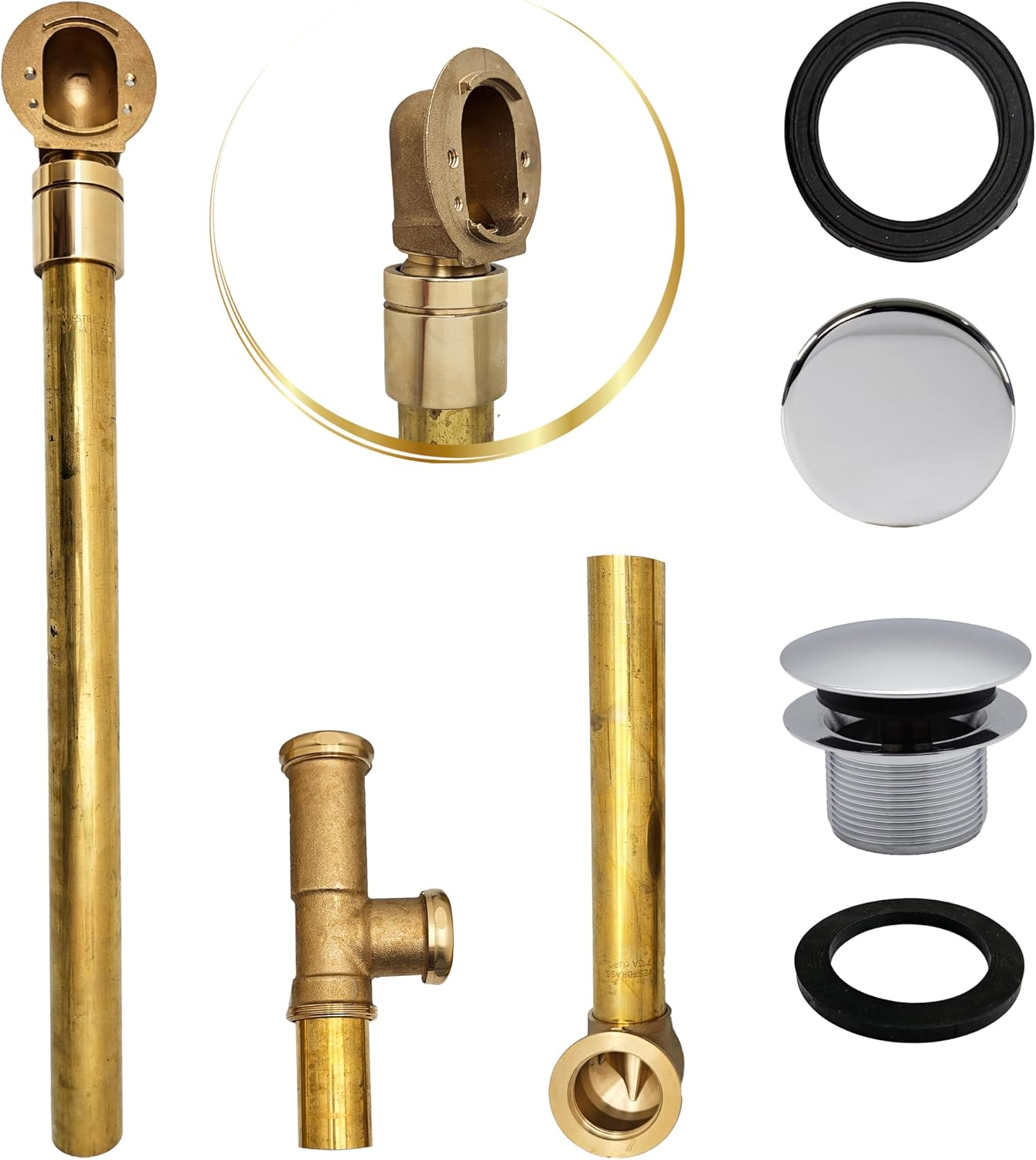 Westbrass A326HBJ-26 25' Brass Bath Waste & Overflow Assembly with European Tip-Toe Drain Plug and Illusionary Faceplate, Polished Chrome