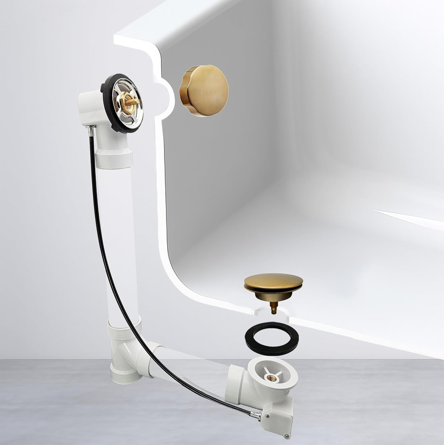Westbrass A50P45-19 45' SCH. 40 PVC Cable Driven Bath Drain Trim Kit with Rotary Overflow Cover Knob and Pop-Up Stopper, Champagne Bronze
