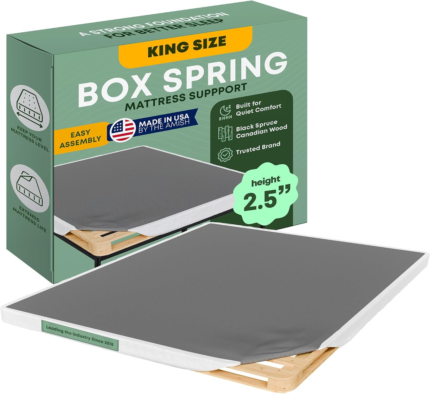 Greaton, 2.5' King Box Spring for King Bed – Amish-Made in the USA – Solid Wood Box Spring Mattress Foundation with Stable & Quiet Support – Flat-Packed & Easy Assembly – White