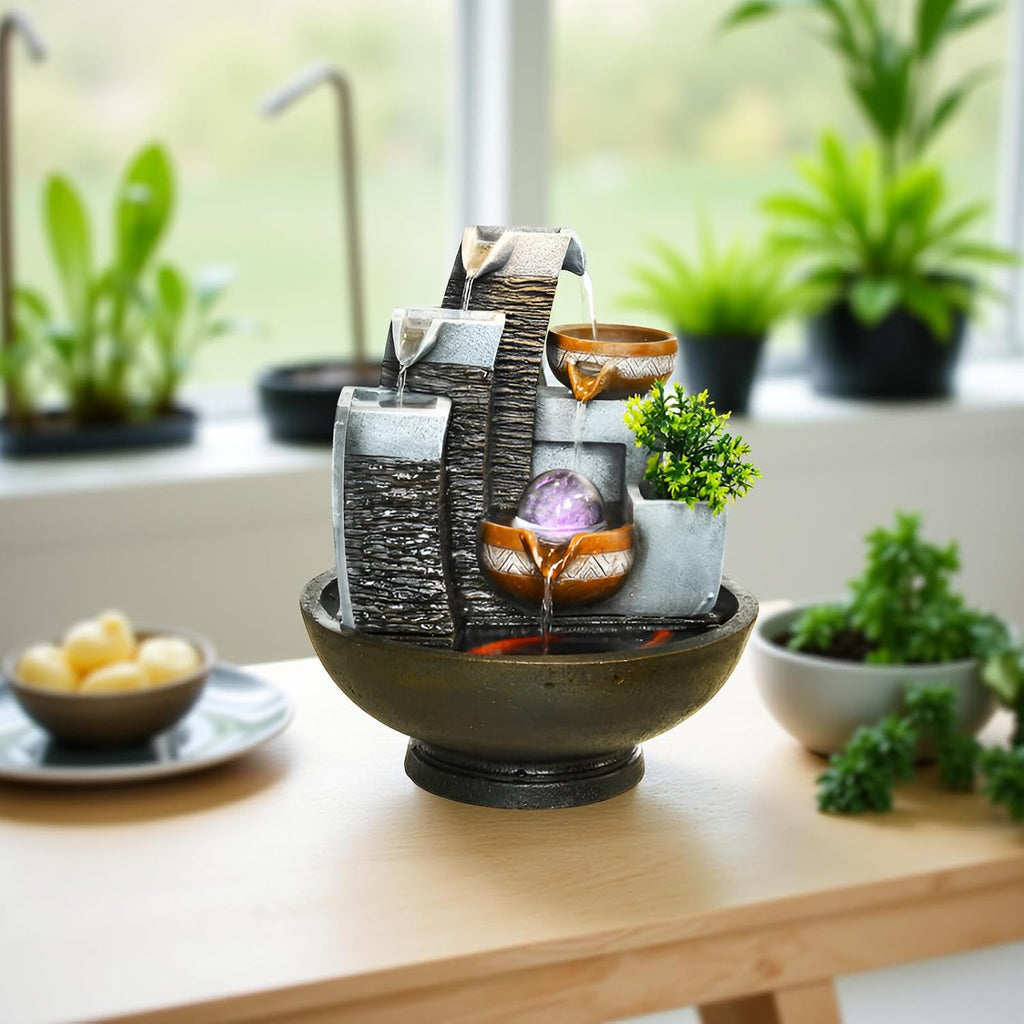 16.93' Indoor Tabletop Fountain with LED Fish Tank, Lighted Crystal Ball & Free 10 Natural Crystals – Water Feature for Home, Office, Entryway & Housewarming Gift (Style 2)