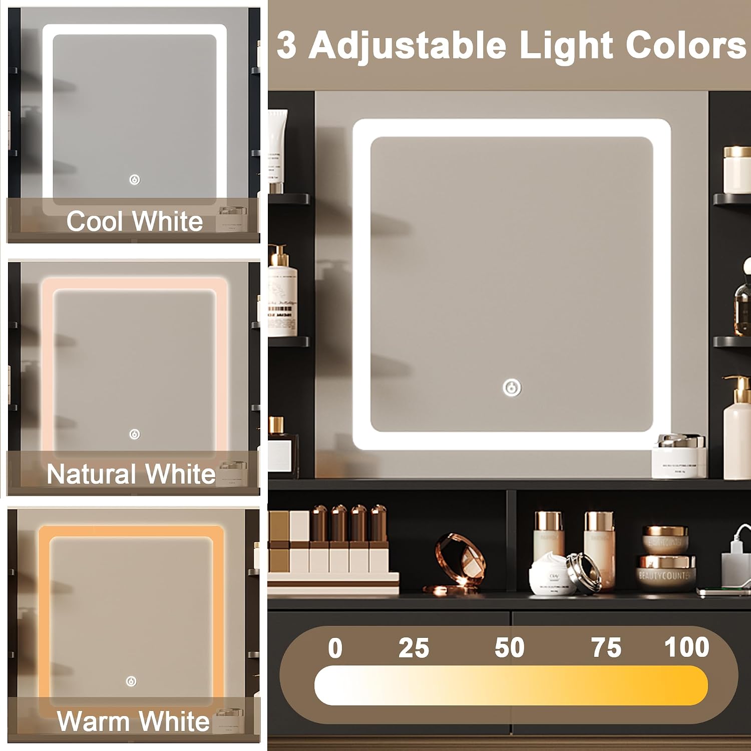Black Vanity with Lighted Mirror, 8 Shelves, 2 Drawers, Charging Station, Hair Dryer Holder & Stool, LED Mirror with 3 Light Modes