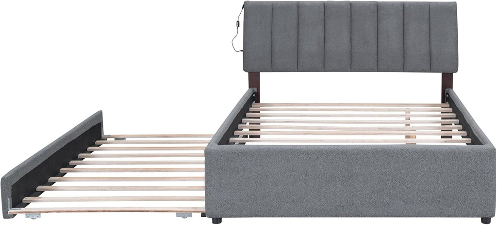 Ball & Cast Full Szie Upholstered Bed Frame with LED Light and Trundle,Teddy Fleece Platform Bed w/Channel Tufted Headboard &Wooden Slats Support,No Box Spring Needed, for Bedroom,Gray