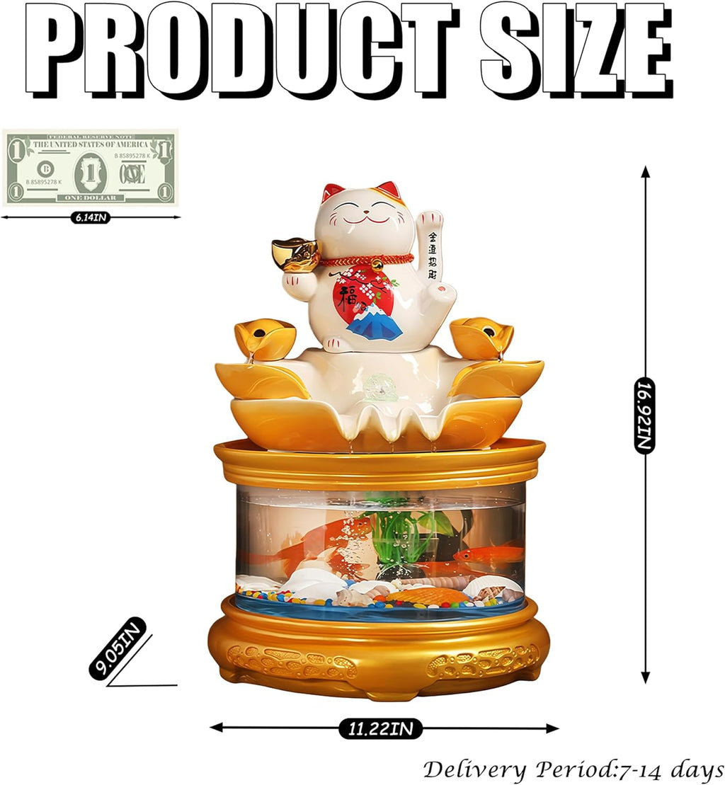 Tabletop Water Fountain Indoor with Maneki Neko, Money Lucky Cat, Fish Tank Decorations for Feng Shui Decor & Gifts for Home, Feng Shui Statue, Chinese New Year Decoration, Chinese Decor & Gifts (A)