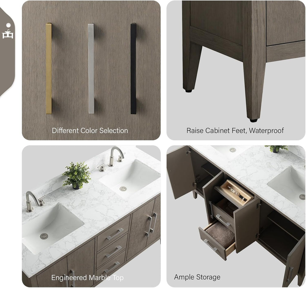 Vanity Art 60 inch Bathroom Vanity with Double Sink & Ceramic Top, Vanity Cabinet with Soft-Closing Doors, Drawers, Solid Wood Frame, Driftwood Gray, VA9060-DDG-GB1