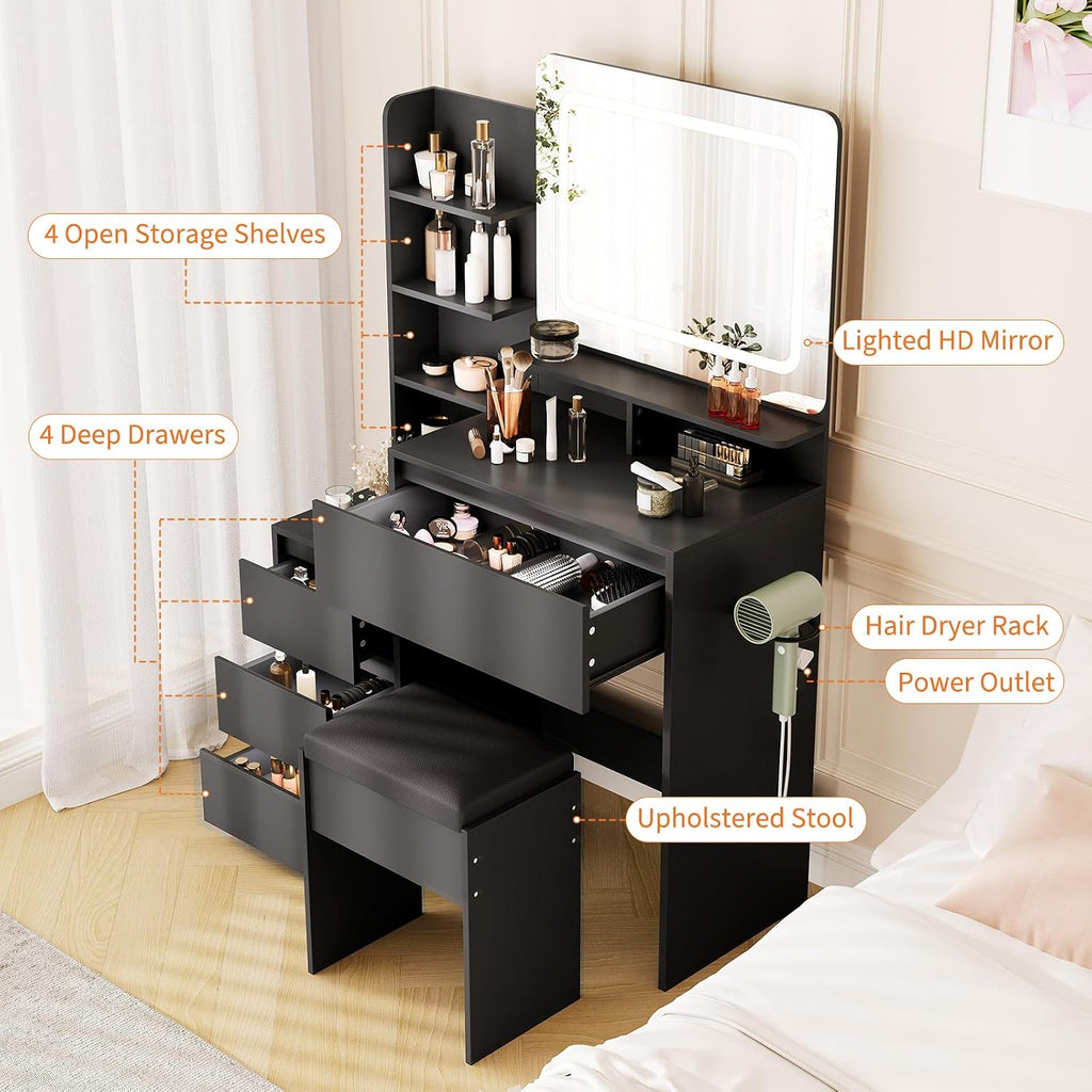 Vanity Desk With Mirror and LED Lights, 36-Inch Makeup Vanity Desk, Power Outlet, USB Ports, Stool, 3 Color Adjustable Light, Dressing Table With 4 Drawers, Storage Shelves for Bedroom, Women, Black