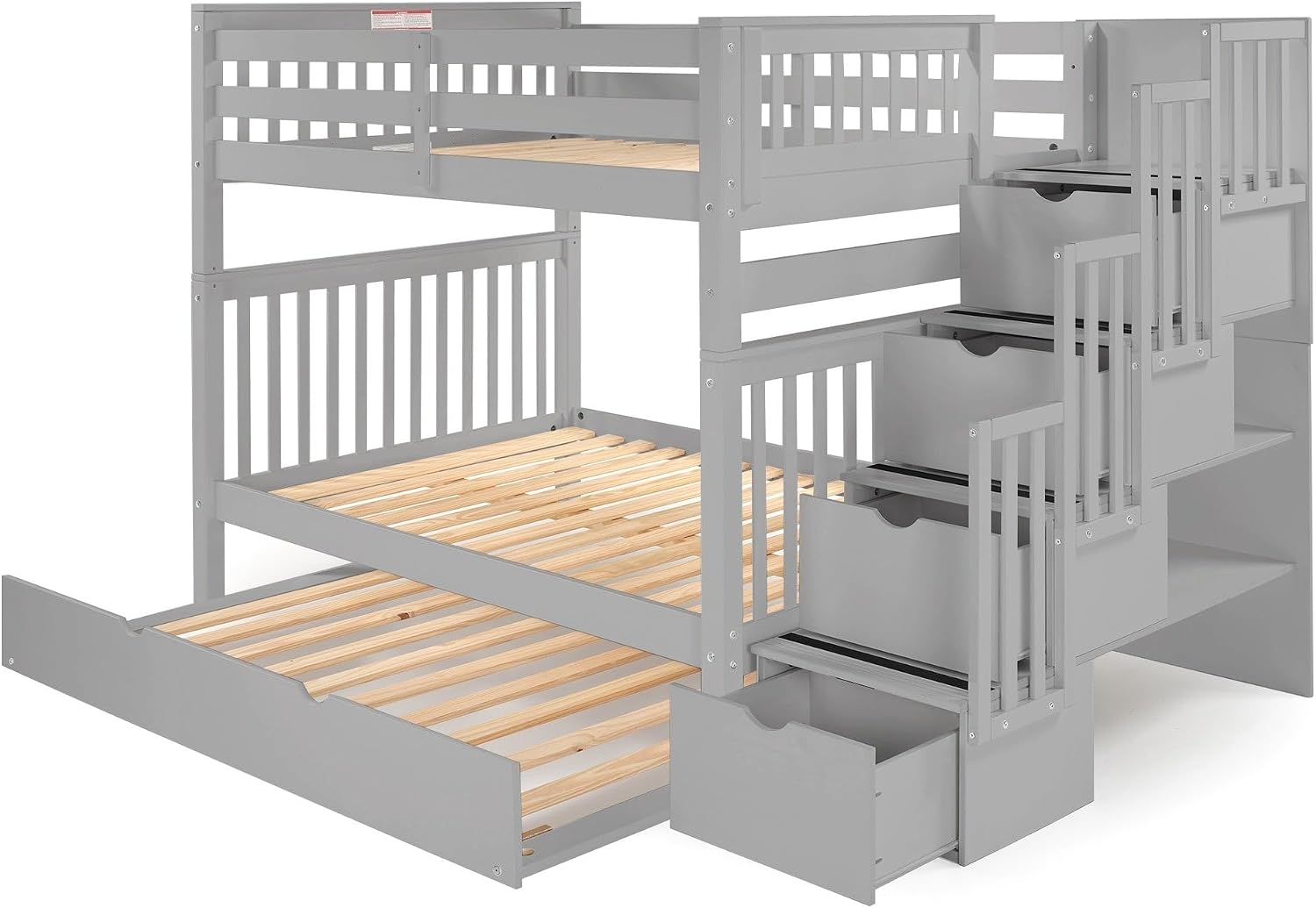 Bedz King Stairway Bunk Beds Full Over Full, 4 Step Drawers, Twin Trundle, Gray