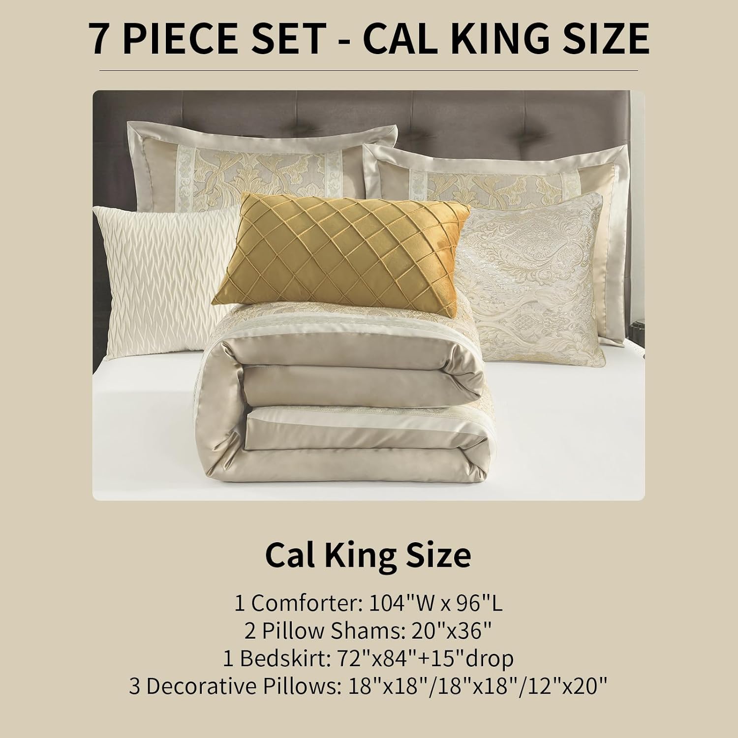 Bedduvit Luxury 7 Piece Bed in Bag, Vintage Damask Jacquard Thick California King Comforter Set, Luxurious Genuine Patchwork Cal King Bedding Set with Bed Skirt, Decor Pillows, Shams, Gold/Beige/Cream