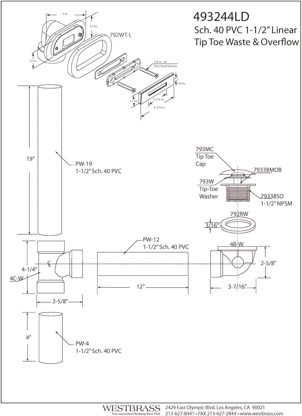 Westbrass D493244LD-4-07 19' Bath Waste Assembly with Tip-Toe Drain Plug and Linear Overflow Faceplate - SCH. 40 PVC, Satin Nickel (4-Pack)