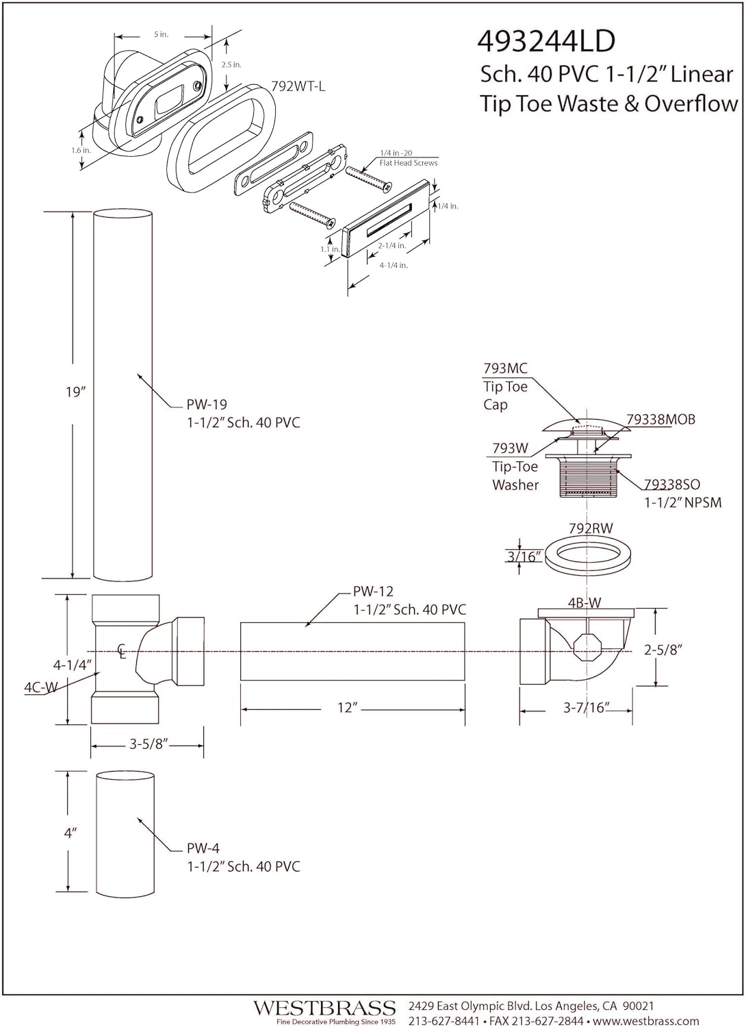 Westbrass D493244LD-4-07 19' Bath Waste Assembly with Tip-Toe Drain Plug and Linear Overflow Faceplate - SCH. 40 PVC, Satin Nickel (4-Pack)