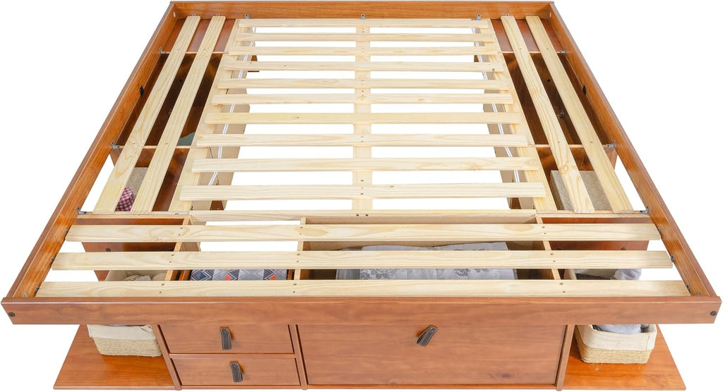 memomad Bali Bed - King Storage Platform Sturdy Wooden Frame with Drawers & More - Solid Pine - Noise Free - No Box Spring Needed - Slats Included (King Size, Oak Brown Wood)