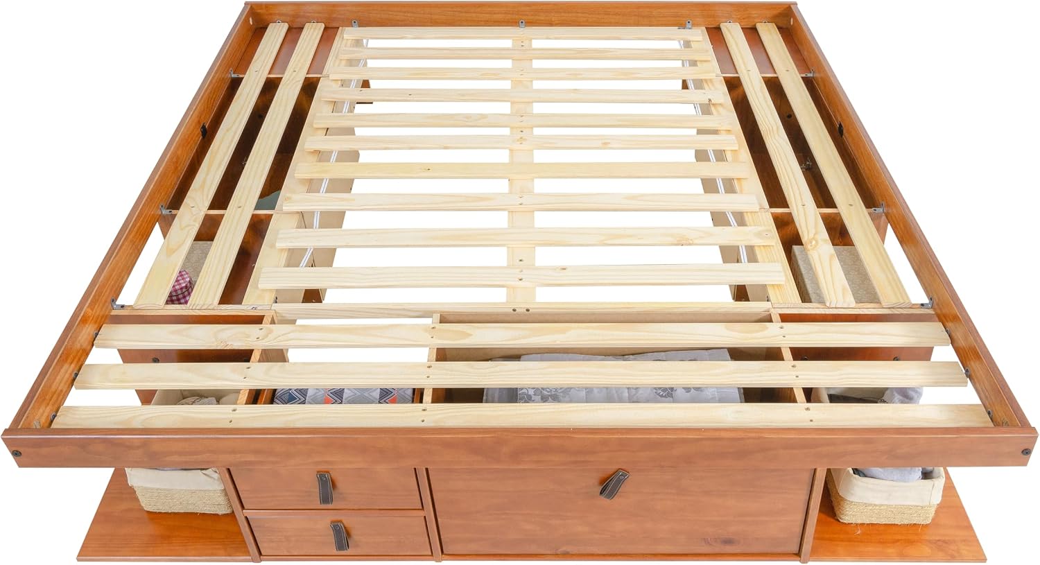 memomad Bali Bed - King Storage Platform Sturdy Wooden Frame with Drawers & More - Solid Pine - Noise Free - No Box Spring Needed - Slats Included (King Size, Oak Brown Wood)
