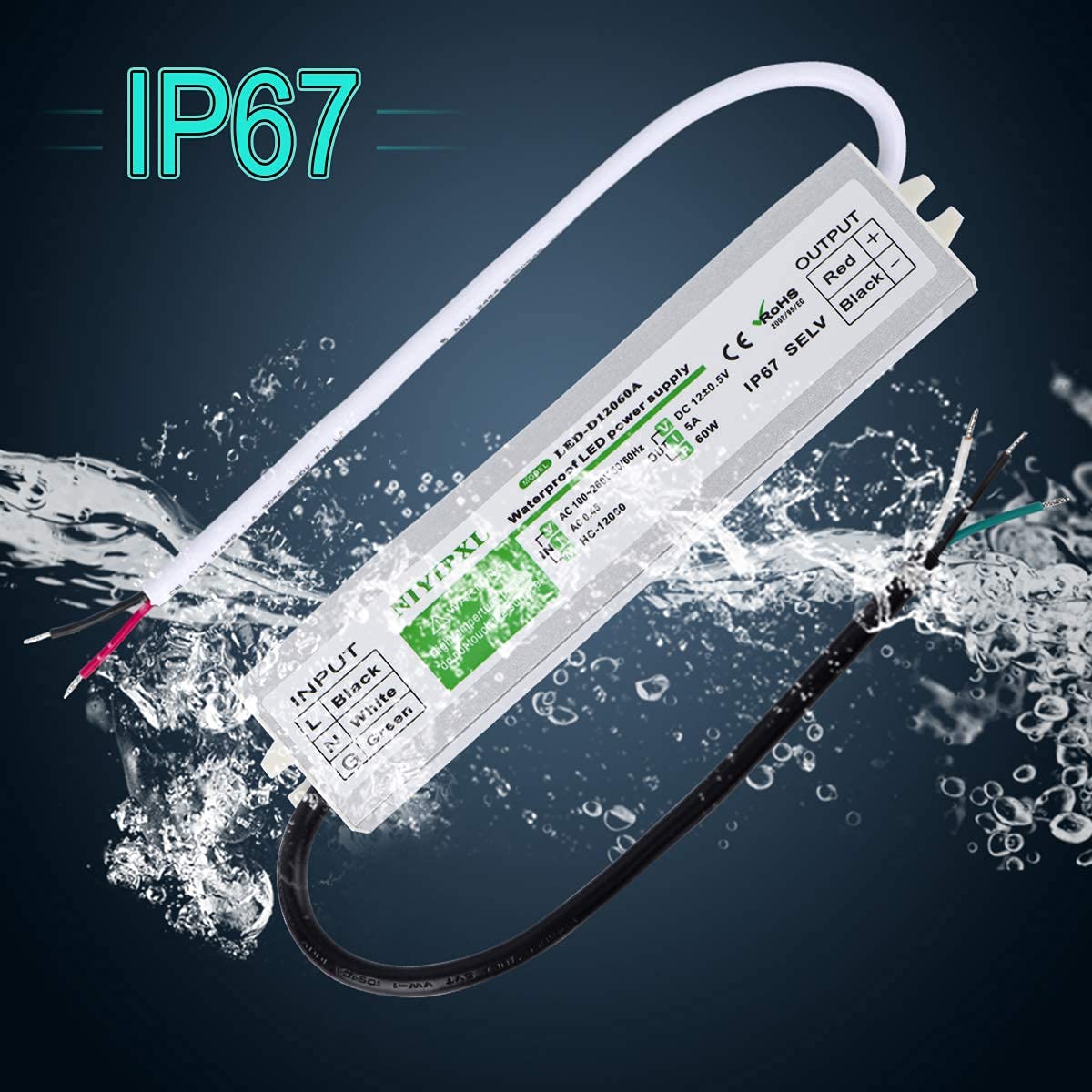 （Pack of 6） LED Driver 60 Watts Waterproof IP67 Power Supply Transformer Adapter 100V-260V AC to 12V DC Low Voltage Output for LED Light, Computer Project, Outdoor Light and Any 12V DC led Lights