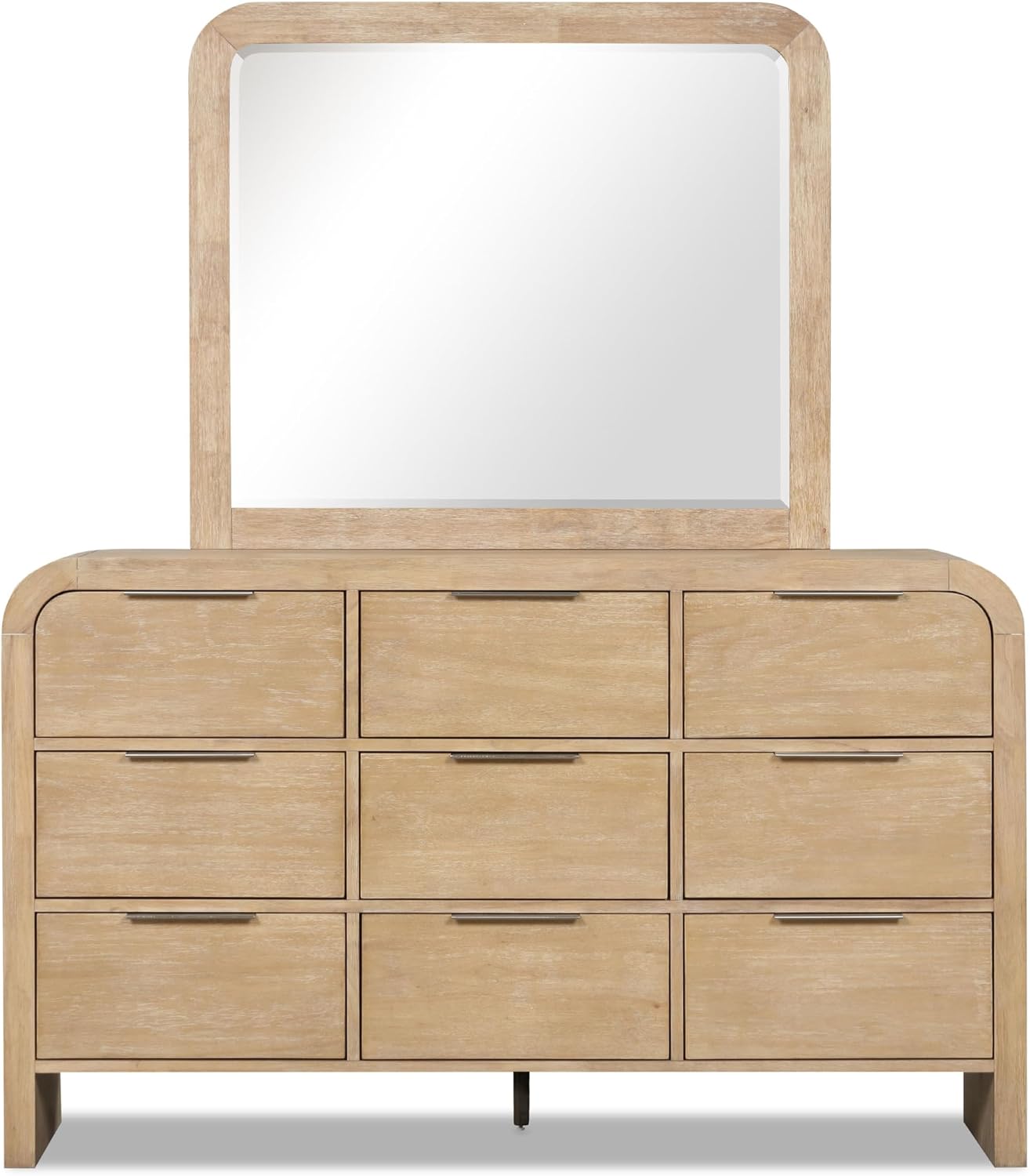 Furniture of America Verena Boho Solid Wood 6-Piece Queen Panel Bedroom Set with Channel Padded Headboard, Metal Side Glide, Finger Pulls and Beveled Mirror, Box Spring Needed, Natural