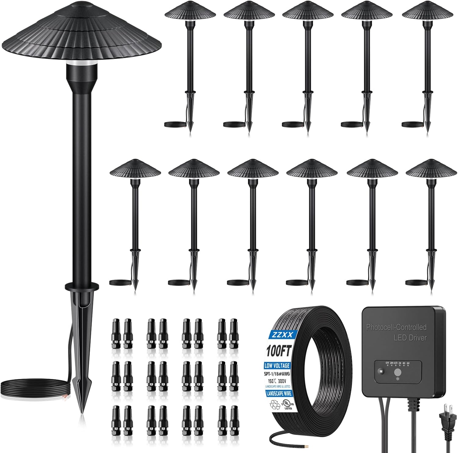 ZZXX All-in-One Low Voltage Landscape Lighting Kit 12-Pathway Lights with 96W Transformer, 5W LED Landscape Lighting Low Voltage 12-24V,IP66 Waterproof Outdoor Lights 2700K for Yard Patio Walkway