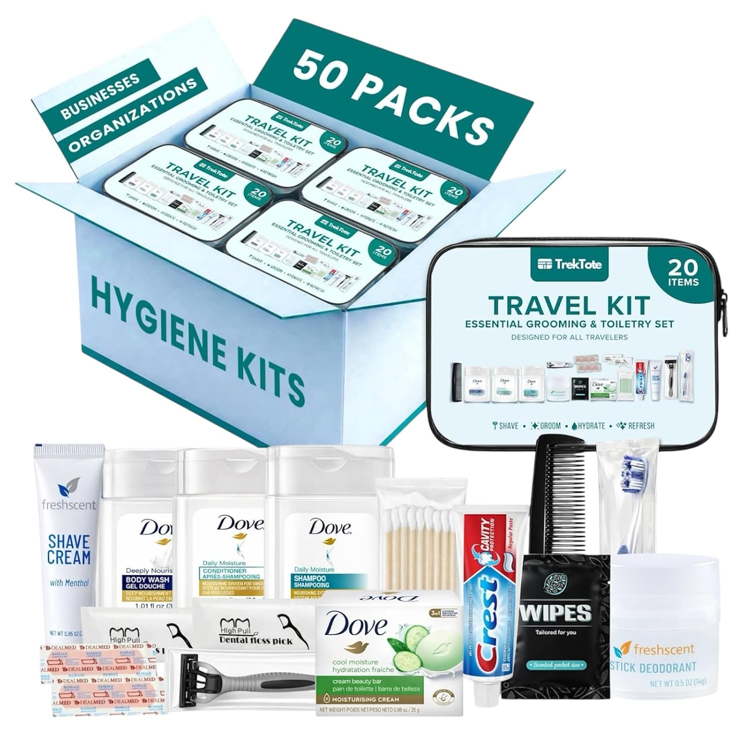 20 Piece Hygiene Kit Bulk, Travel Size Toiletries Set, Care Package Supplies, Mini Deodorant Shampoo Body Wash Toothbrush Toothpaste Razor Kit, TSA Approved, Clear Bag