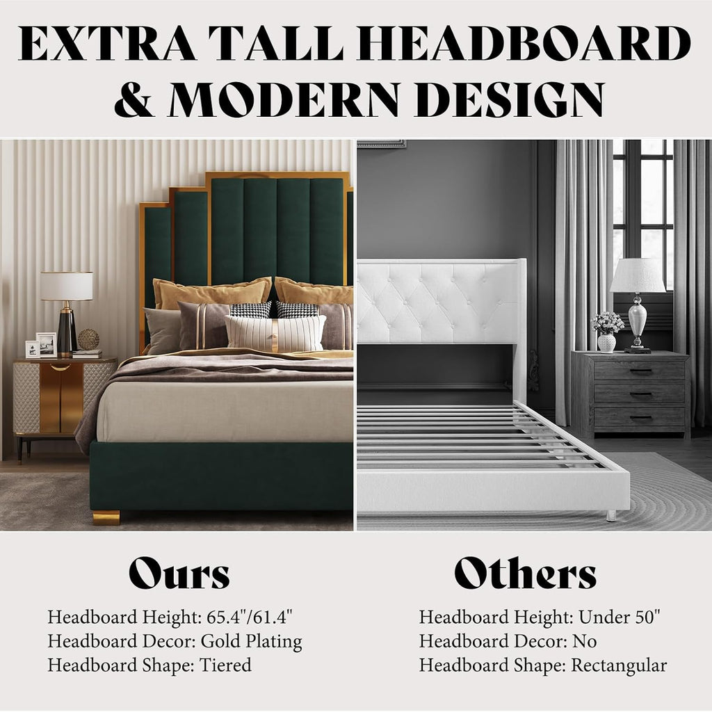 AMERLIFE Queen Size Upholstered Bed, Modern Velvet Bed Frame with 61.4' Tall Gold Trim Headboard, No Box Spring Needed, Green