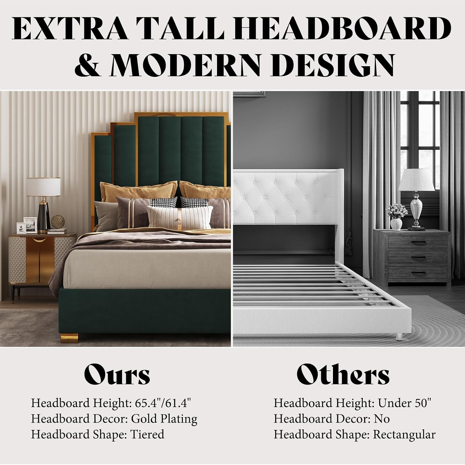 AMERLIFE Queen Size Upholstered Bed, Modern Velvet Bed Frame with 61.4' Tall Gold Trim Headboard, No Box Spring Needed, Green
