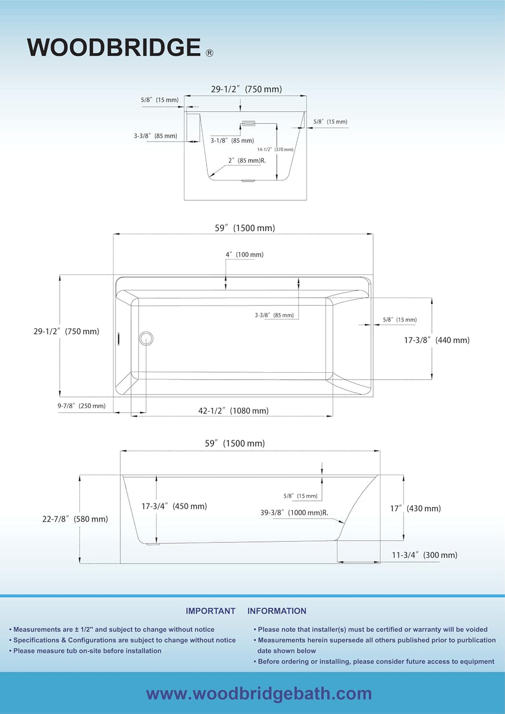 WOODBRIDGE 59' L x 29-1/2' W Freestanding Contemporary Soaking Bathtub with Oil-Rubbed Bronze Drain & Overflow, White, B5910-ORB