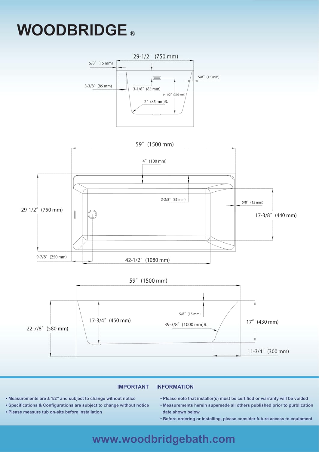 WOODBRIDGE 59' L x 29-1/2' W Freestanding Contemporary Soaking Bathtub with Oil-Rubbed Bronze Drain & Overflow, White, B5910-ORB