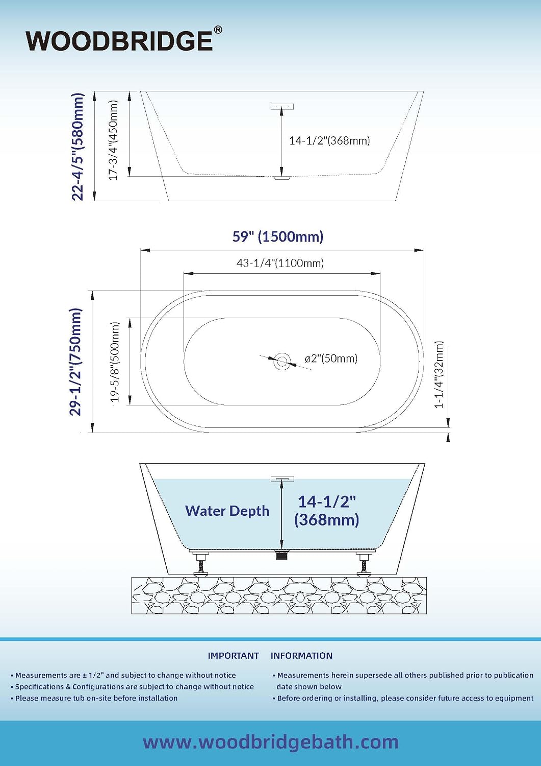WOODBRIDGE 59' Acrylic Freestanding Bathtub Contemporary Soaking Tub, White Acrylic (Oil Rubbed Bronze Drain/Overflow),B0014 ORB Drain &O