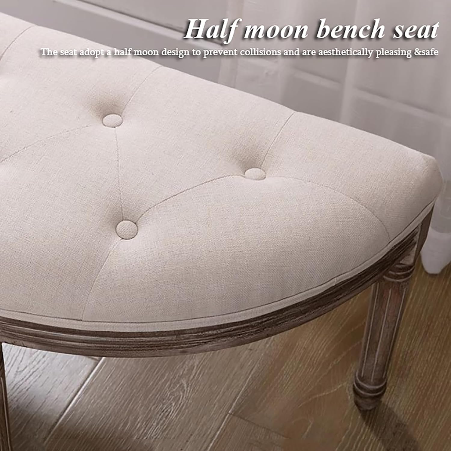 Half Moon Solid Wood Vanity Bench,Vintage French Upholstered Entryway Bench,Comfy Tufted Piano Benches Ottoman for Bedroom Living Room Hallway (49.21' W×16.54' D×18.5' H, Linen Cotton C Gray)