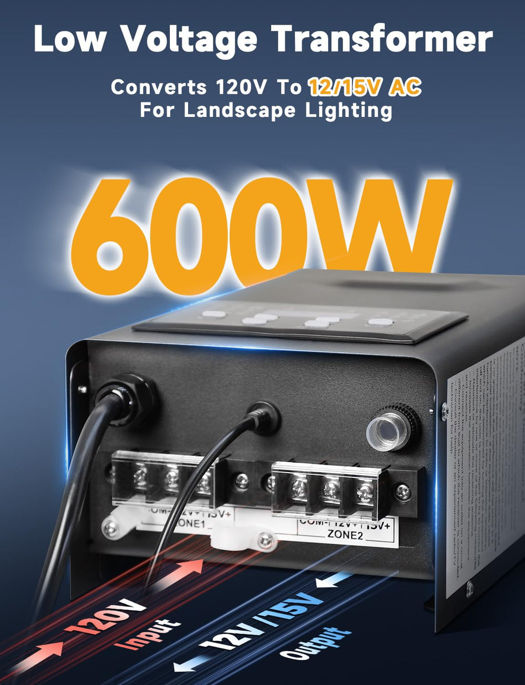 COLOER 600W Low Voltage Landscape Lighting Transformer with 2 Independent Control Output Zones, 120V AC to 12V/15V AC Low Voltage Power Pack with Timer and Photocell Sensor for Outdoor Lights