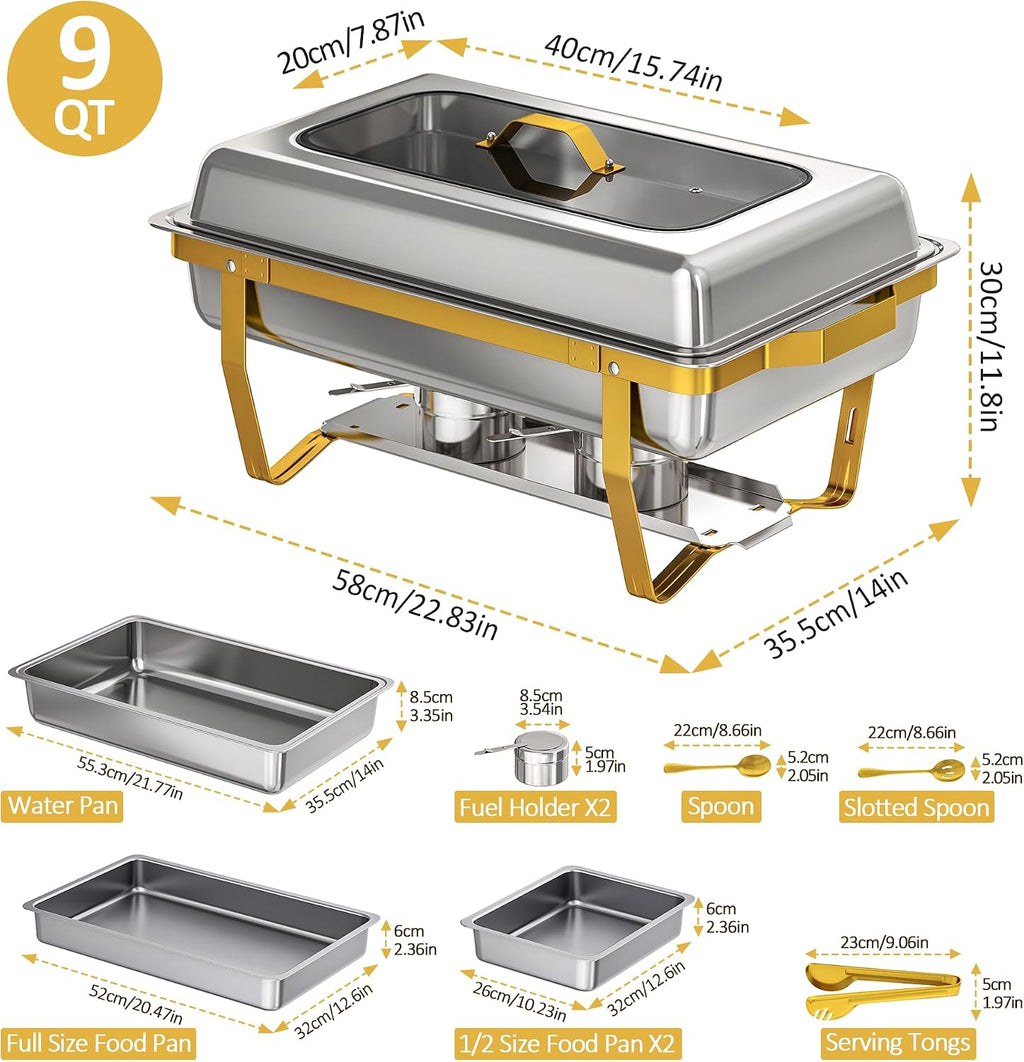 Chafing Dishes for Buffet, 2-Pack Hot Cold Food Warmer with Glass Lid, 9QT Large Capacity Stainless Steel Buffet Servers, Complete Set with Utensils for Catering Party Wedding Outdoor