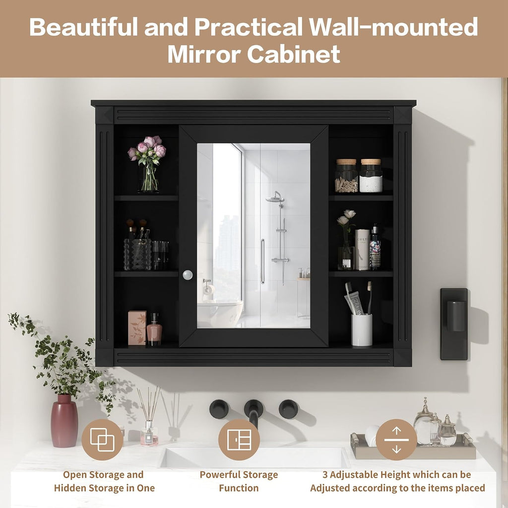 Merax Medicine Cabinet with Mirror, Wall Mount Bathroom Cabinet Over Toilet Storage Cabinet Organizer with Door and Open Shelves, Mirrored Bathroom Wall Cabinet
