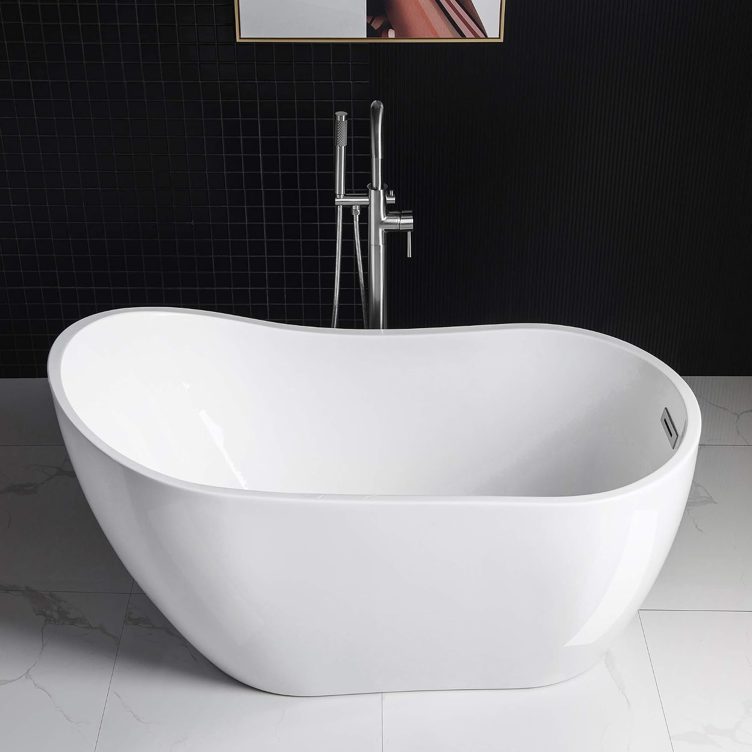 WOODBRIDGE 54' Acrylic Freestanding Bathtub Contemporary Soaking White Tub with Chrome Overflow and Drain，B0006 -C-Drain &O