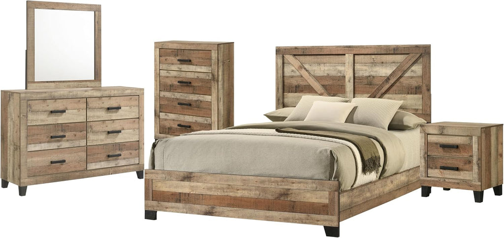 Kings Brand Furniture Biloxi Farmhouse Classic 5-Piece Bedroom Set - Bed Frame with Headboard, Dresser and Mirror, Chest and Nightstand (Queen)