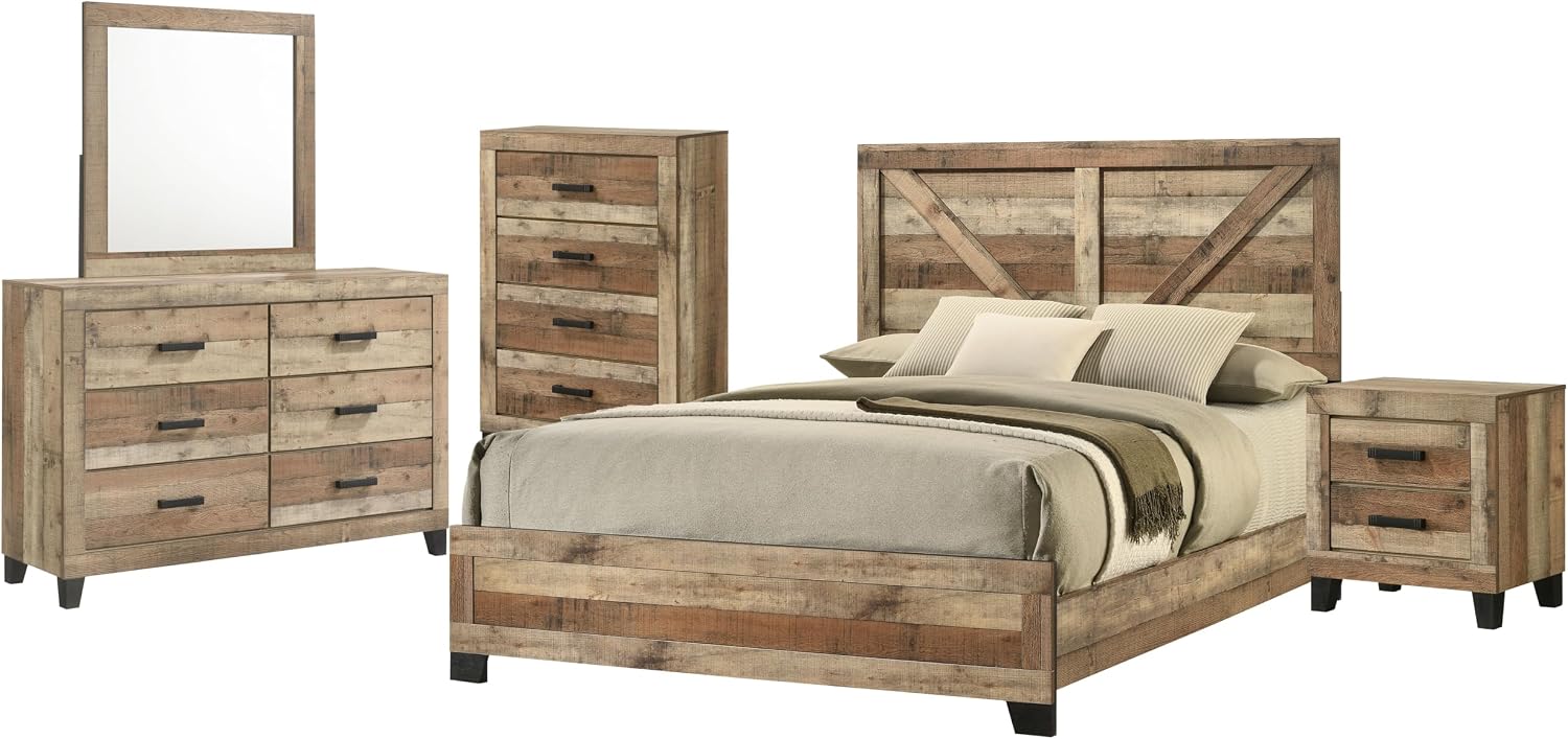 Kings Brand Furniture Biloxi Farmhouse Classic 5-Piece Bedroom Set - Bed Frame with Headboard, Dresser and Mirror, Chest and Nightstand (Queen)