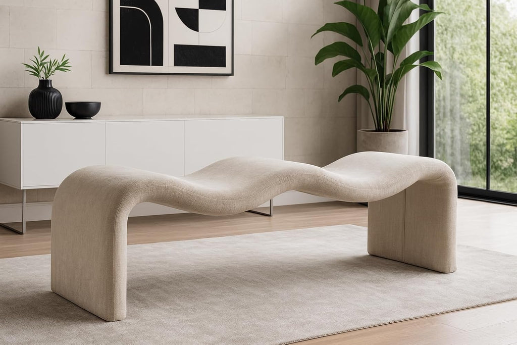Meridian Furniture 22098Beige Willow Collection Modern | Contemporary Bench with Soft Beige Chenille Fabrict, Iron Metal Inner Frame, 56.5' W x 18' D x 19' H, Beige