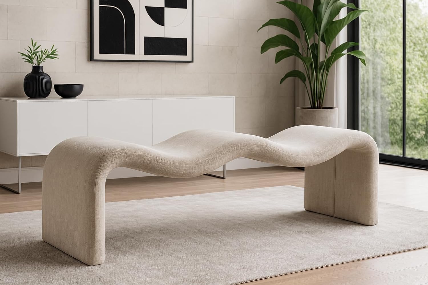 Meridian Furniture 22098Beige Willow Collection Modern | Contemporary Bench with Soft Beige Chenille Fabrict, Iron Metal Inner Frame, 56.5' W x 18' D x 19' H, Beige