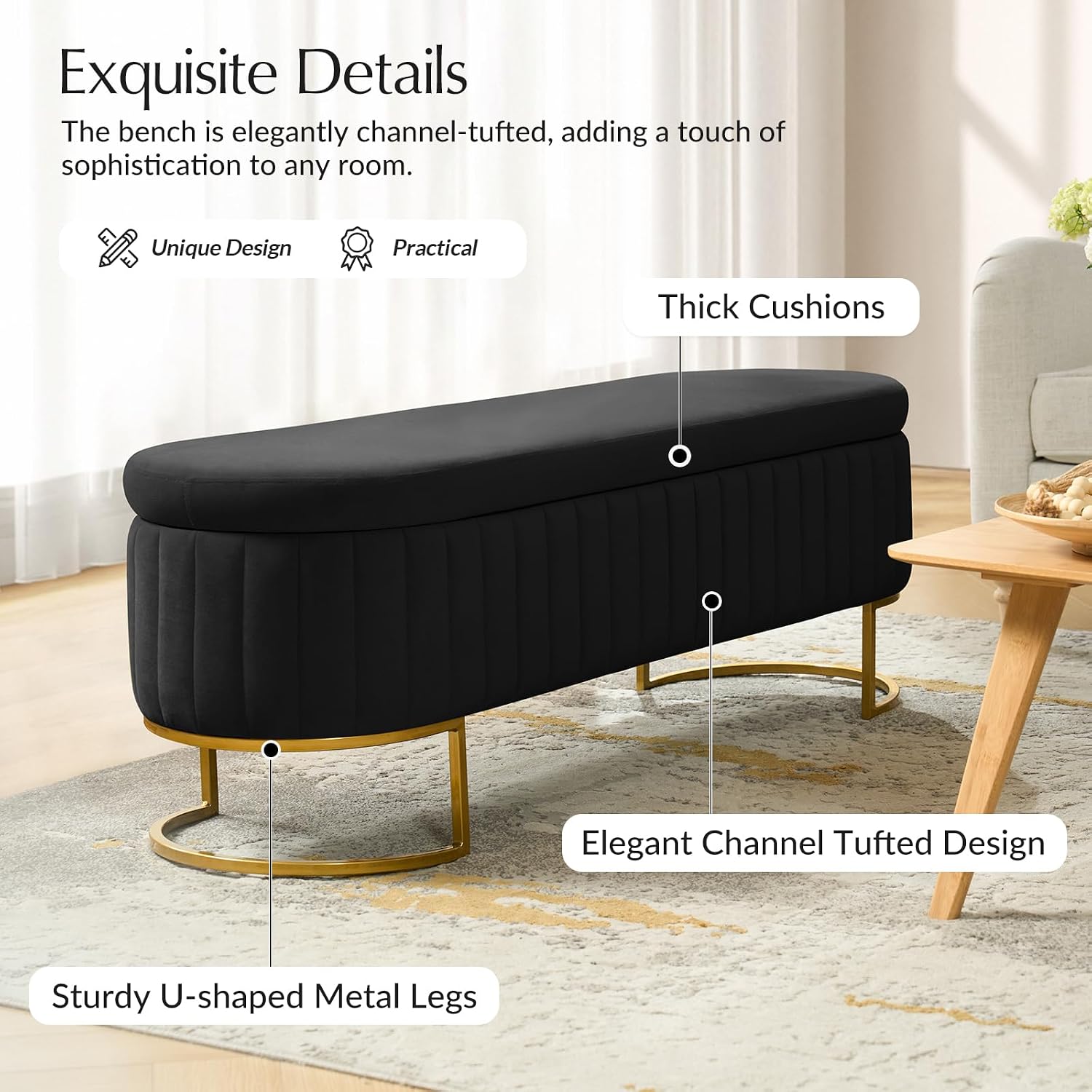 55.5' Velvet Upholstered Storage Bench with Channel Tufted Seat and Metal Legs, Multi-Functional Ottoman with Interior Organizer Pockets for Bedroom and Entryway, Flipping Lid Large Window Bench