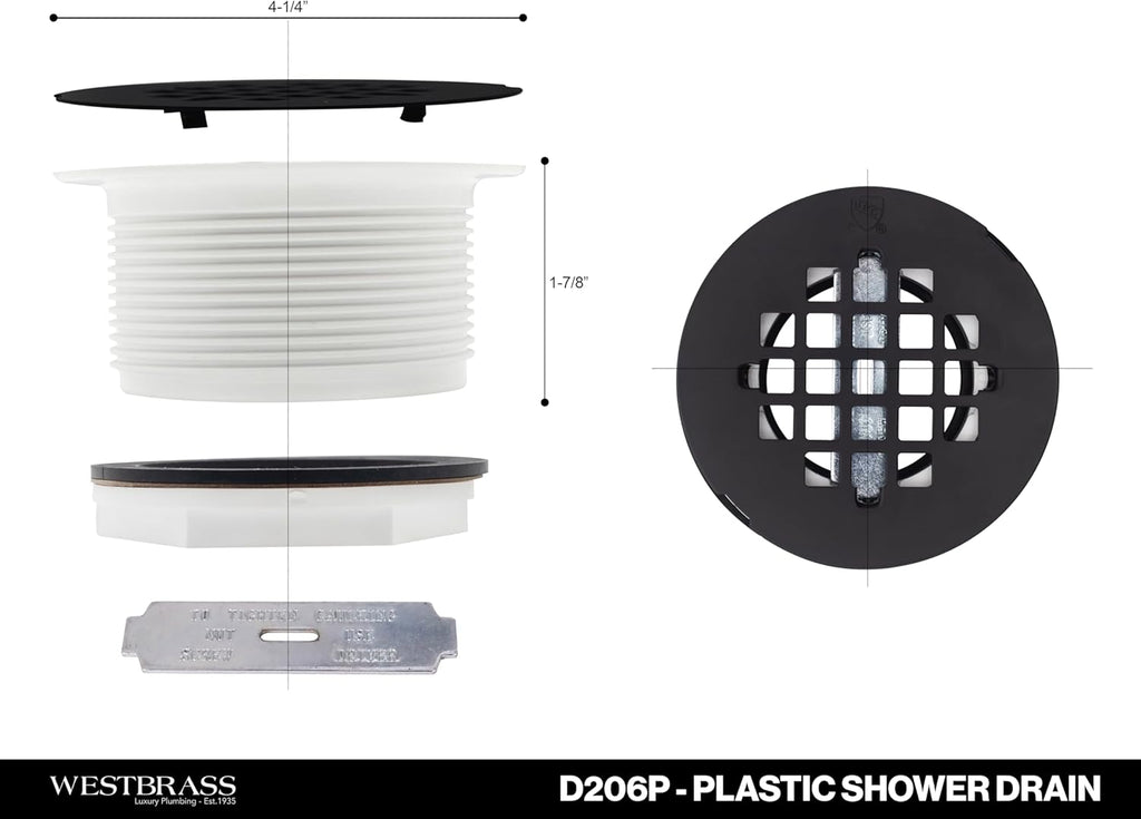 Westbrass D206P-5-12 2' No-Caulk PVC Compression Shower Drain with 4-1/4' Round Grid Cover, Oil Rubbed Bronze (5-Pack)
