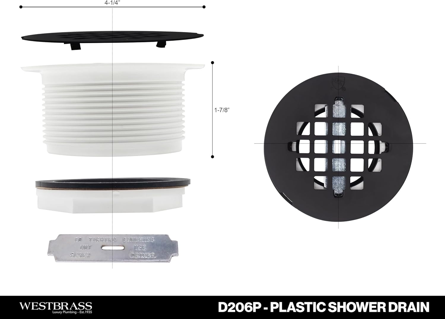 Westbrass D206P-5-12 2' No-Caulk PVC Compression Shower Drain with 4-1/4' Round Grid Cover, Oil Rubbed Bronze (5-Pack)