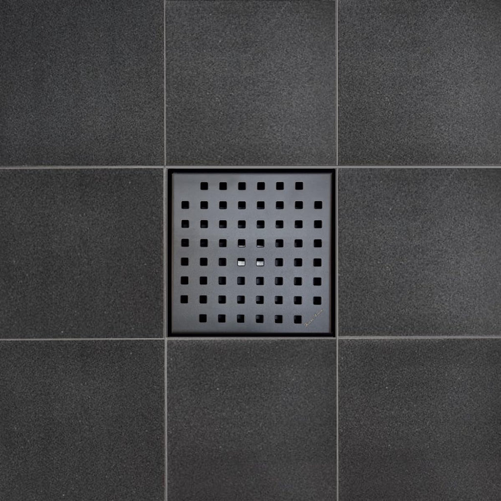 Serene Square Shower Drains - Traditional Square Design 6 Inch- stainless steel Luxurious line by Serene Steam include Rubber fitting (Matte Black)