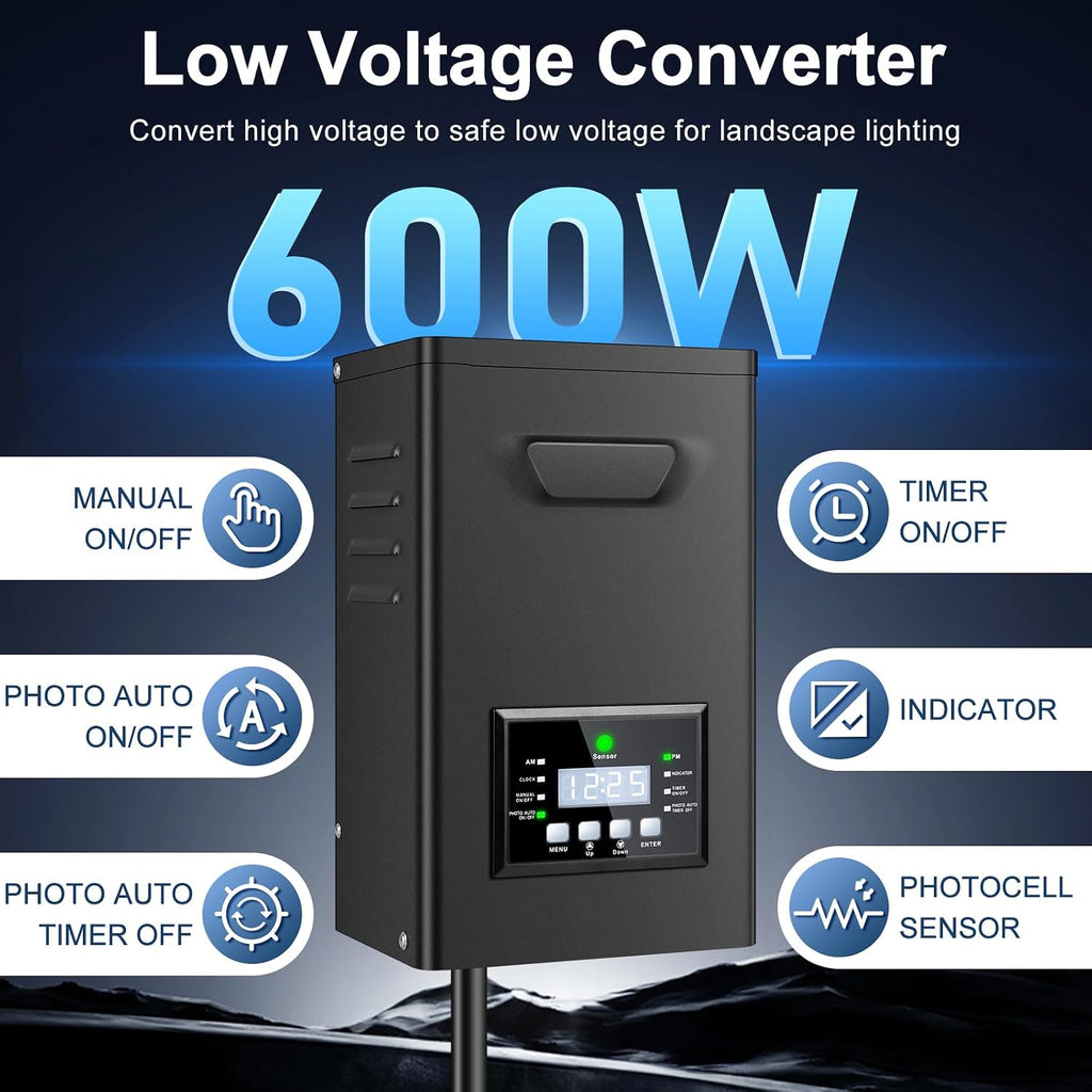 600W Low Voltage Landscape Transformer, Landscape Lighting Transformer with Timer and photocell Sensor, 120V AC to 12V/14V AC Outdoor Weatherproof Low Voltage Transformers for Landscape Lighting
