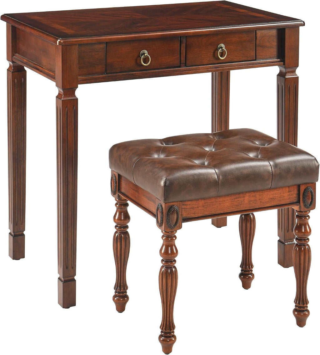 Solid Wood Small Makeup Vanity Table Set, 31.5'W Narrow Wooden Dressing Vanity Desk with 2 Storage Drawers and Upholstered Stool, Compact Writing Desk & Button Tufted Cushioned Stool, Cherry&Brown