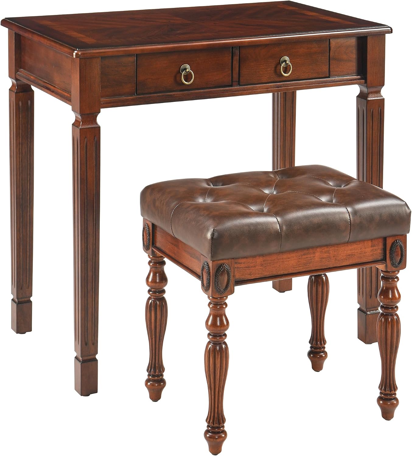 Solid Wood Small Makeup Vanity Table Set, 31.5'W Narrow Wooden Dressing Vanity Desk with 2 Storage Drawers and Upholstered Stool, Compact Writing Desk & Button Tufted Cushioned Stool, Cherry&Brown