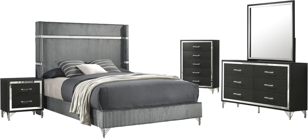 Coaster Home Furnishings Lucia Modern Classic 5-Piece Bedroom Set Velvet Upholstered Eastern King Size Wingback Bed Frame 61-inch Headboard Grey and Black 224991KE-S5