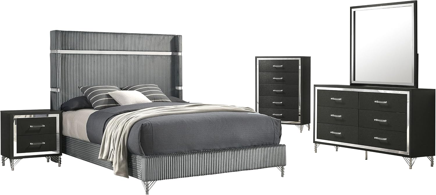 Coaster Home Furnishings Lucia Modern Classic 5-Piece Bedroom Set Velvet Upholstered Eastern King Size Wingback Bed Frame 61-inch Headboard Grey and Black 224991KE-S5