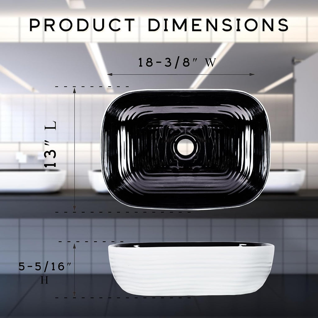 Strictly Sinks 18 Inch Rectangular Vessel Sink - Modern Ceramic Countertop Bathroom Sink – Easy to Install Above Counter Luxurious Bathroom Vessel Sink (18-3/8″ W x 13″ L x 5-5/16″ H)