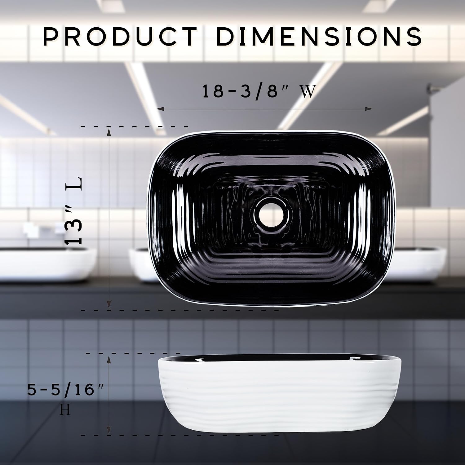 Strictly Sinks 18 Inch Rectangular Vessel Sink - Modern Ceramic Countertop Bathroom Sink – Easy to Install Above Counter Luxurious Bathroom Vessel Sink (18-3/8″ W x 13″ L x 5-5/16″ H)