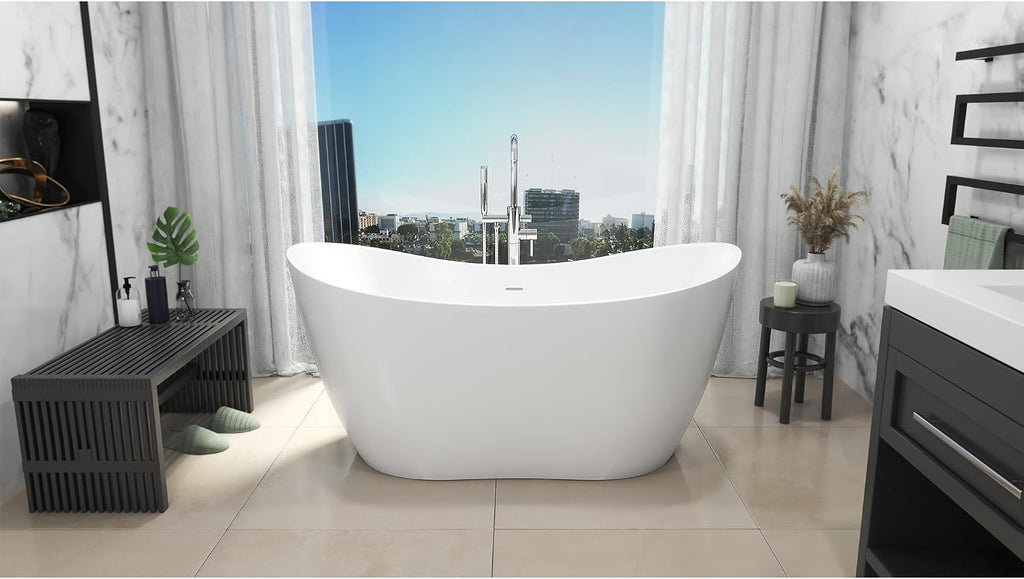 DreamLine Nile 54 inch L x 28 3/8 inch W x 28 3/8 inch H Freestanding Acrylic Bathtub with Brushed Brass Drain